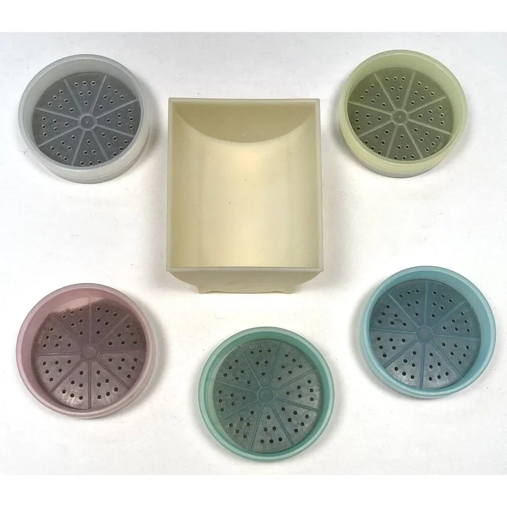 VTG Set 5 TUPPERWARE Pastel Wagon Wheel COASTERS 567 w/ Caddy Rack Holder 566-4